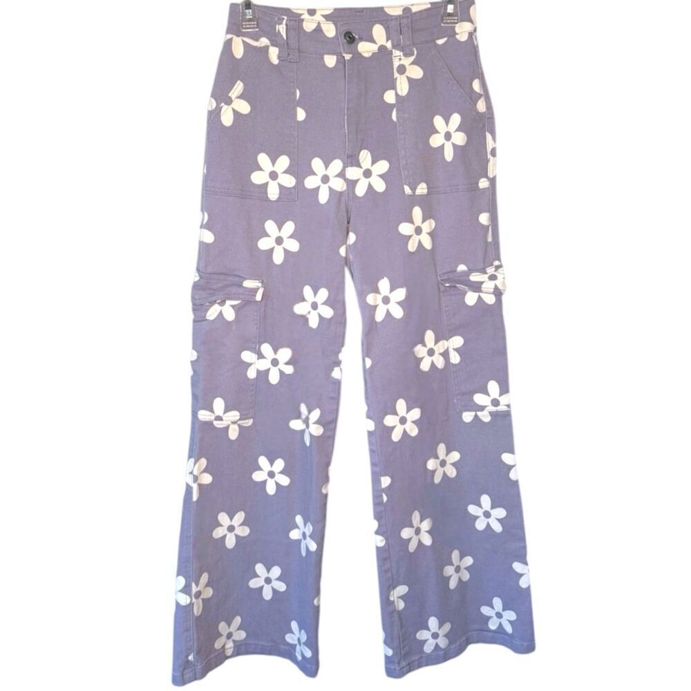 BiBi Dusty Lavender Floral Wide Leg Cargo Pants Daisy Print Boho Festival NWT - Picture 11 of 12